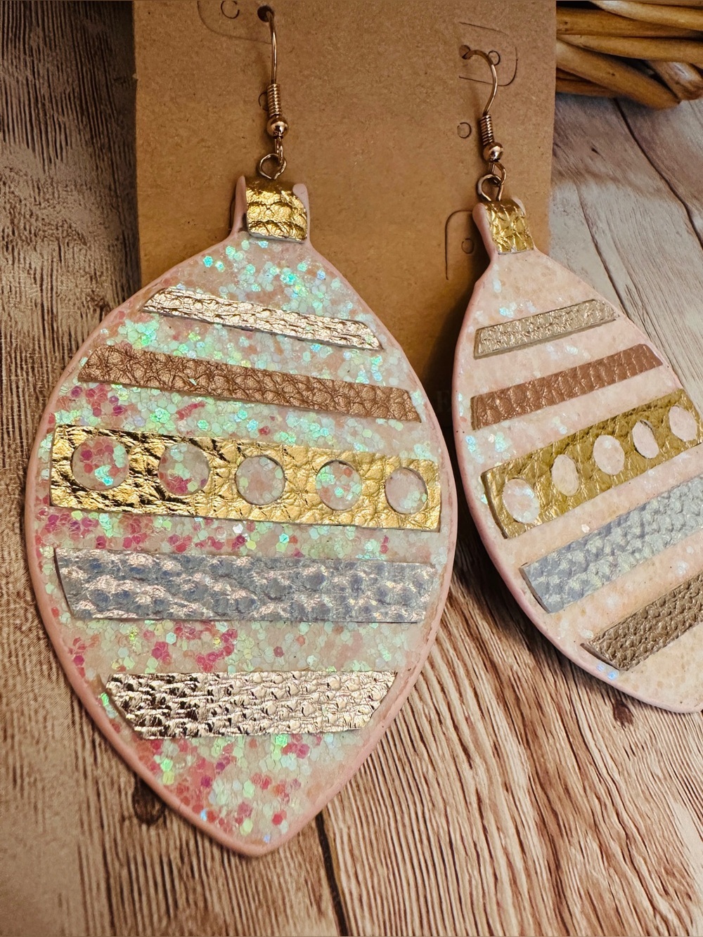 Pale Pink Iridescent whimsical light bulb Earrings with Gold Accents*Plunder* - Picture 2 of 6